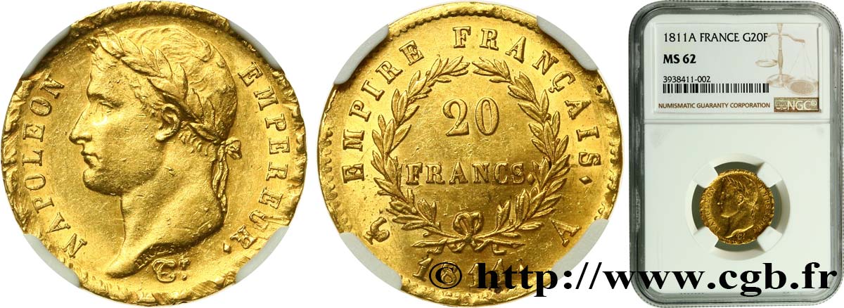 20 francs or Napoléon, tête laurée, Empire français 1811 Paris F.516/16 SUP62 NGC