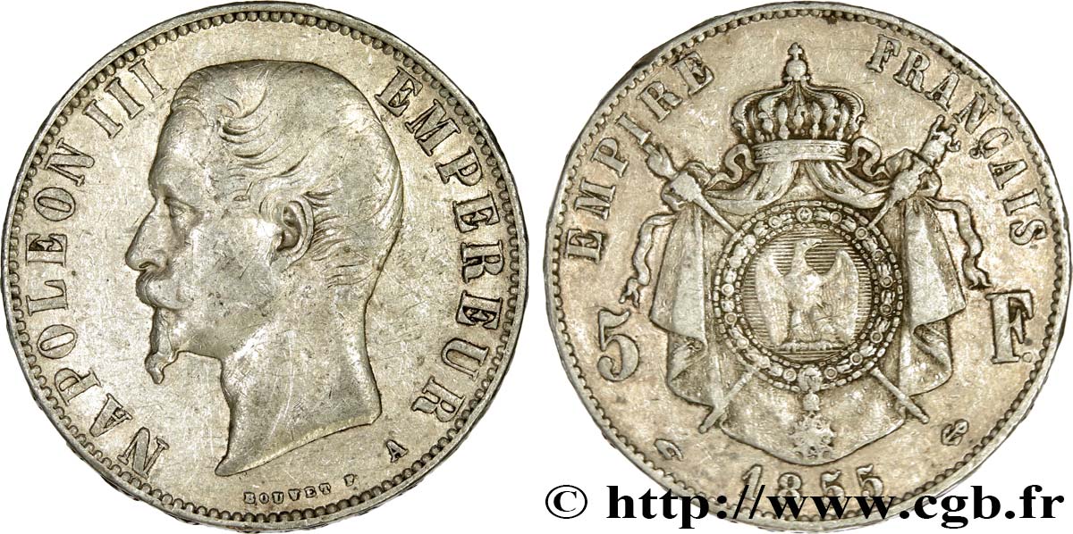 5 francs Napoléon III, tête nue 1855 Paris F.330/3 TB 