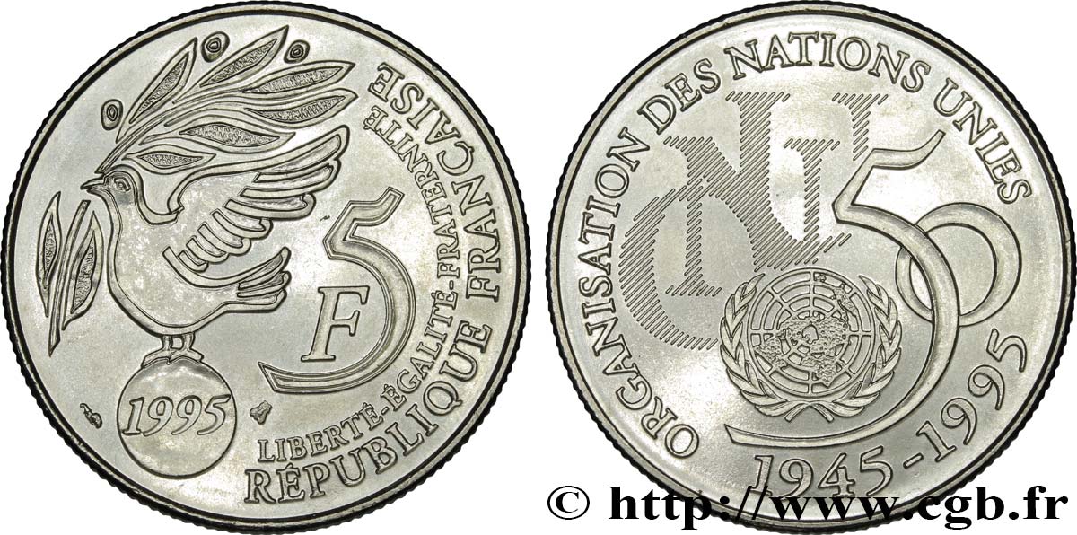 5 francs Cinquantenaire de l’ONU 1995 Pessac F.345/1 MS60 
