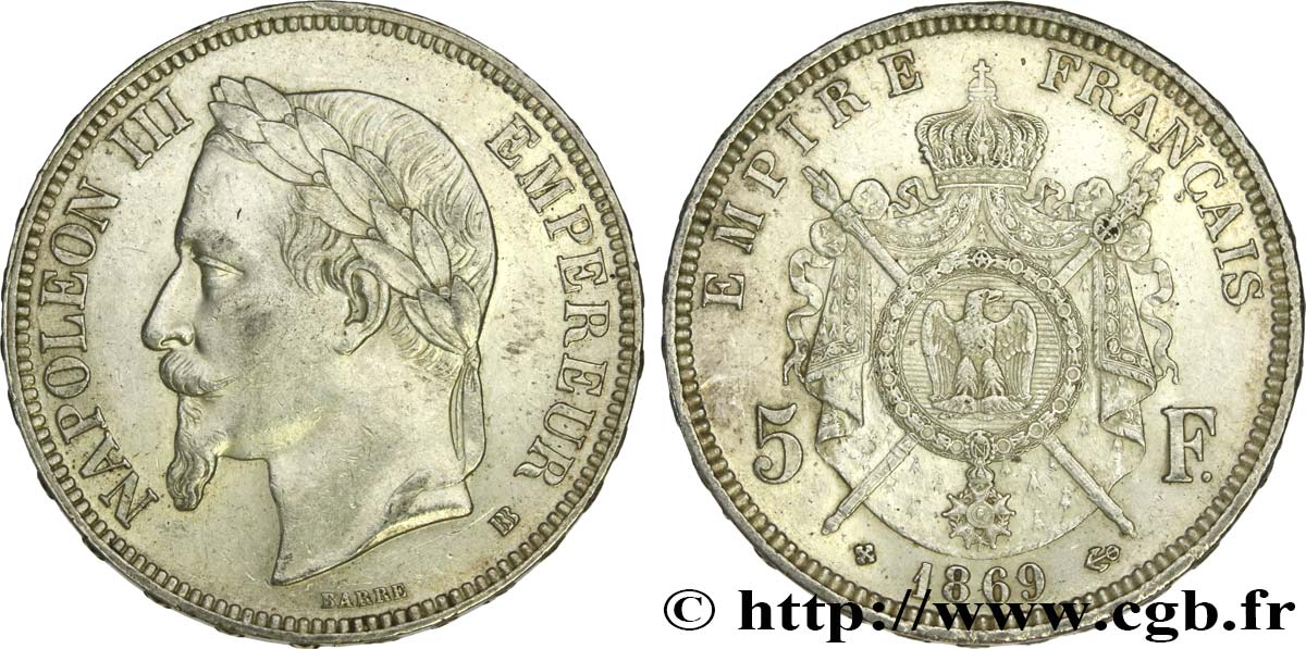 5 francs Napoléon III, tête laurée 1869 Strasbourg F.331/15 TTB+ 