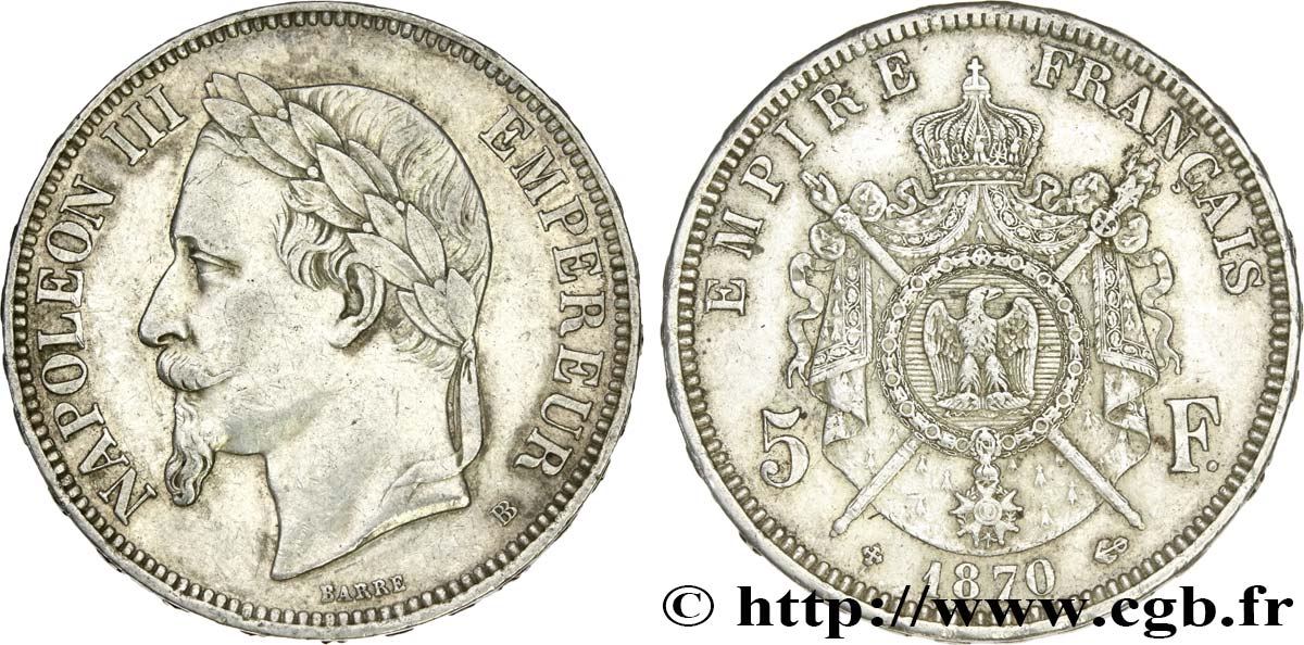 5 francs Napoléon III, tête laurée 1870 Strasbourg F.331/17 MBC 