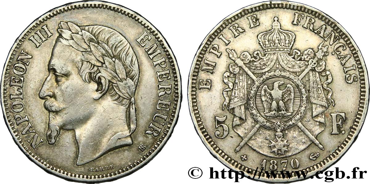 5 francs Napoléon III, tête laurée 1870 Strasbourg F.331/17 SS40 