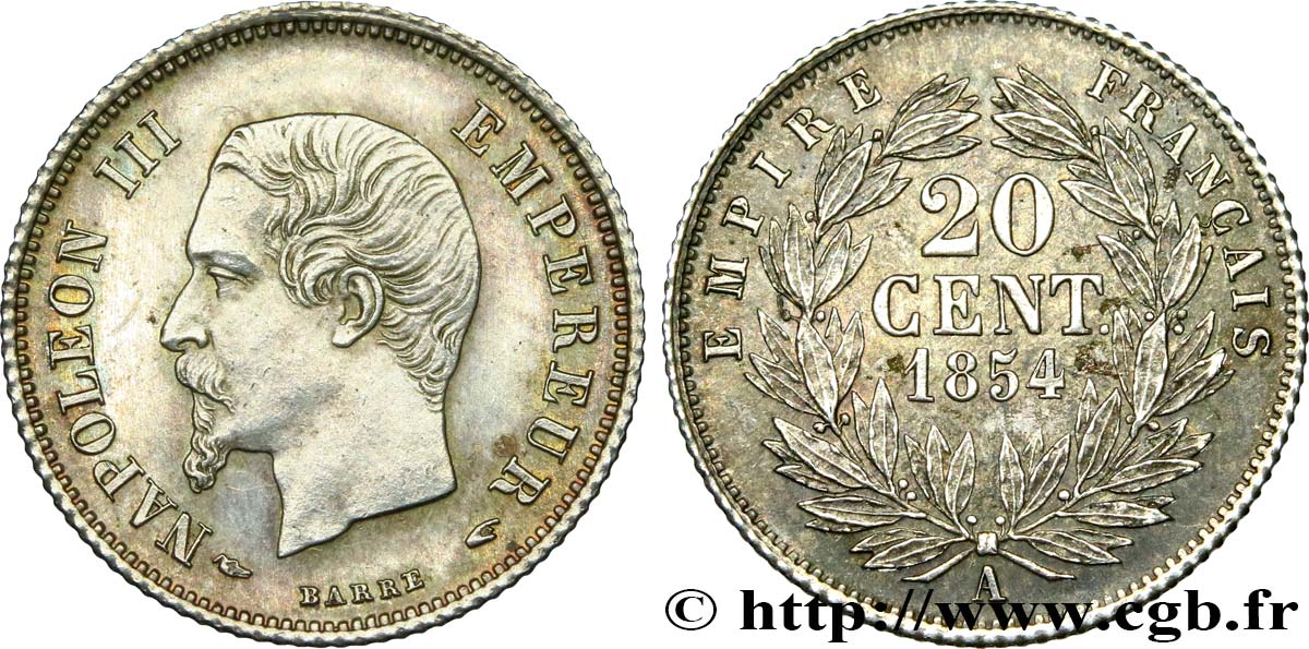 20 centimes Napoléon III, tête nue 1854 Paris F.148/2 VZ 