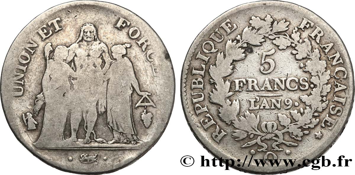 5 francs Union et Force, Union serré, avec glands intérieurs et gland extérieur 1801 Perpignan F.288/69,5 VG 