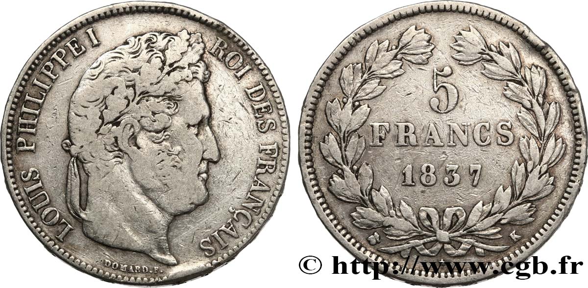 5 francs IIe type Domard 1837 Bordeaux F.324/65 VF 