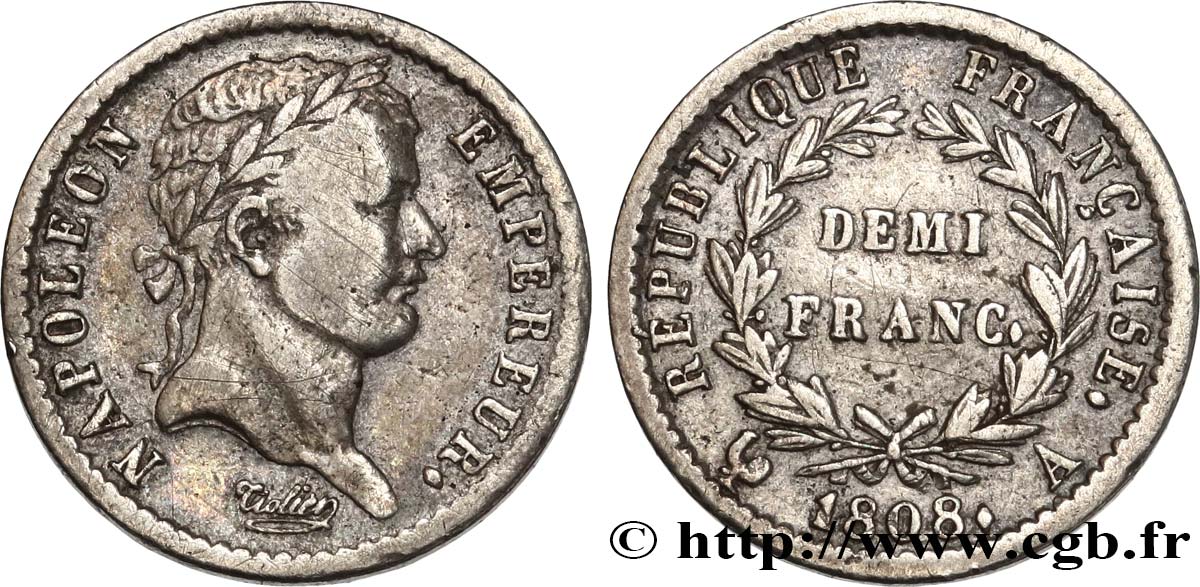 Demi-franc Napoléon Ier tête laurée, République française, Coins Tournés 1808 Paris F.177/2 TB+ 