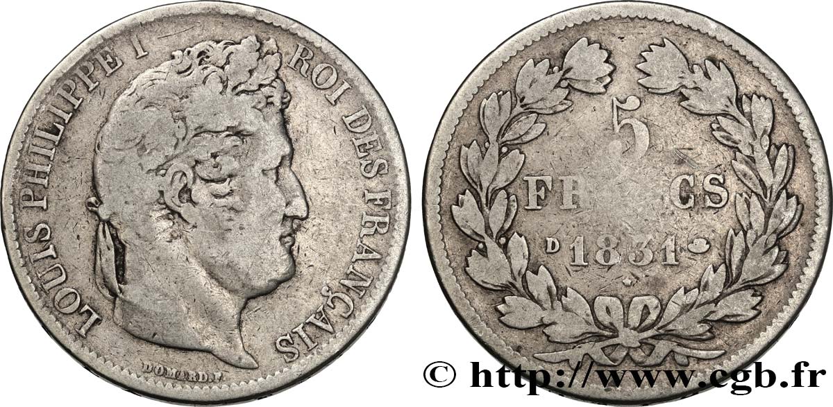 5 francs Ier type Domard, tranche en creux 1831 Lyon F.319/2 B+ 