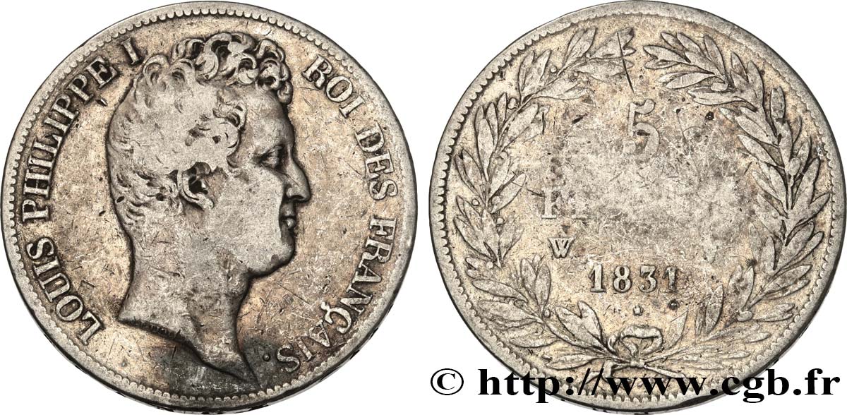 5 francs type Tiolier avec le I, tranche en creux 1831 Lille F.315/27 q.MB 