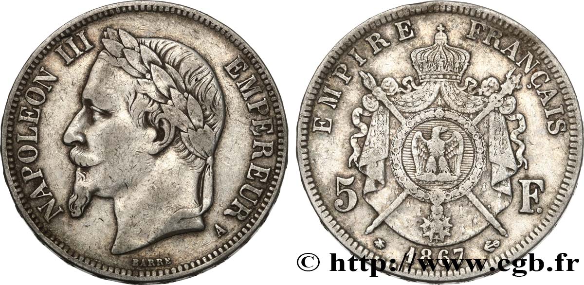 5 francs Napoléon III, tête laurée 1867 Paris F.331/10 TB+ 