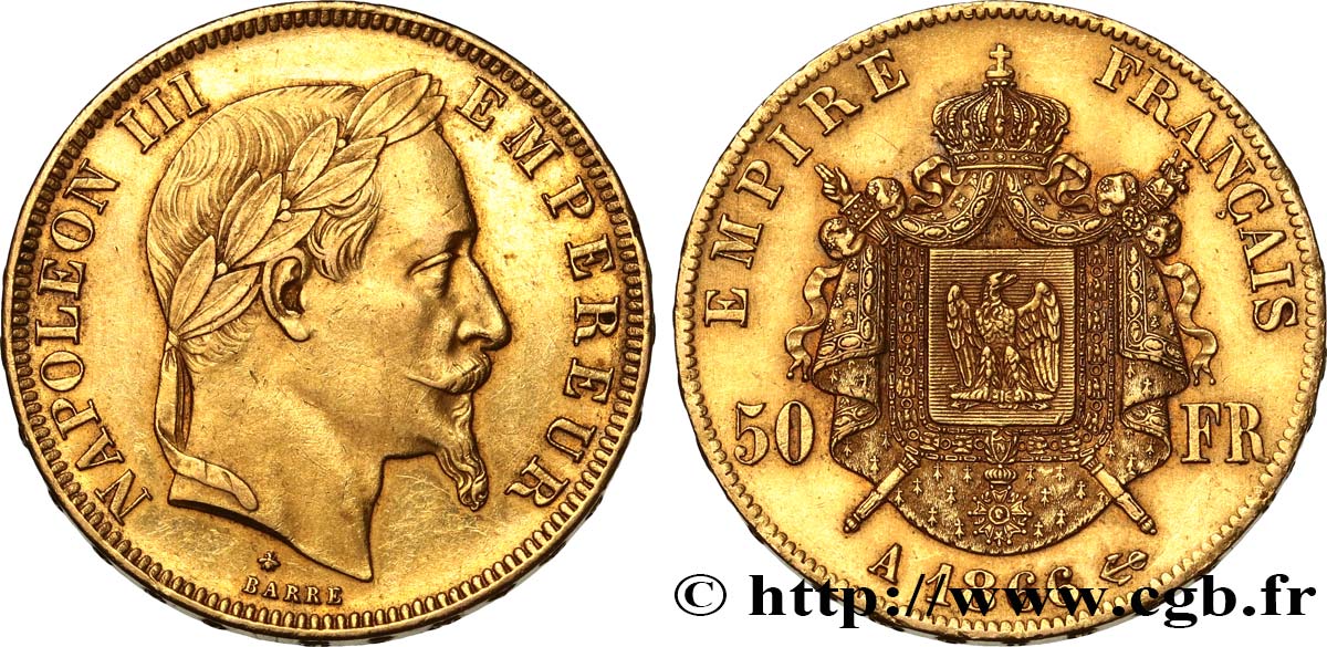 50 francs or Napoléon III, tête laurée 1866 Paris F.548/6 SS53 