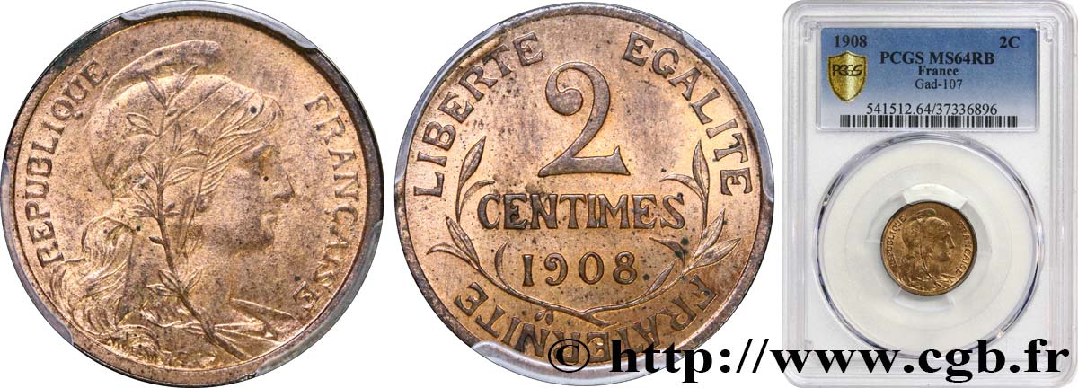 2 centimes Daniel-Dupuis 1908 Paris F.110/11 SC64 PCGS