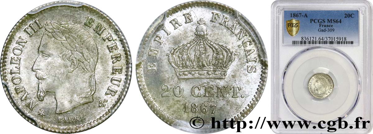 20 centimes Napoléon III, tête laurée, grand module 1867 Paris F.150/1 MS64 PCGS
