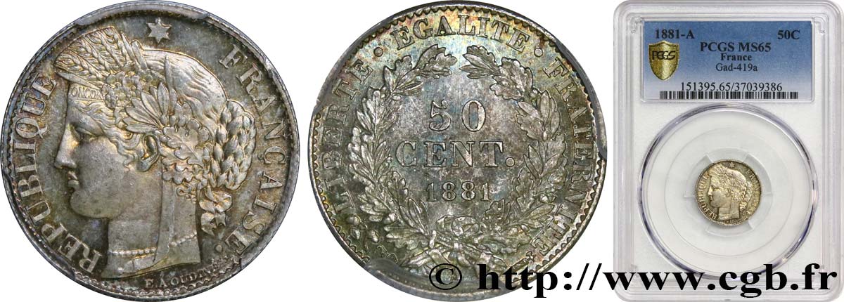 50 centimes Cérès, Troisième République 1881 Paris F.189/9 ST65 PCGS