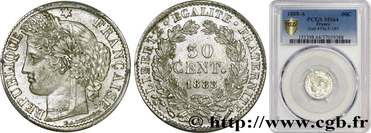 50 centimes Cérès, Troisième République 1888 Paris F.189/13 SC64 PCGS