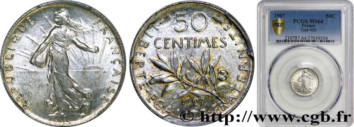 50 centimes Semeuse 1907 Paris F.190/14 MS64 PCGS