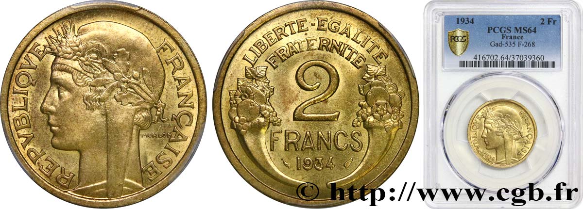 2 francs Morlon 1934  F.268/7 MS64 PCGS