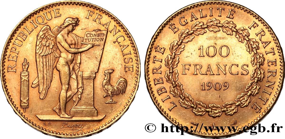 100 francs or Génie, tranche inscrite en relief Liberté Égalité Fraternité 1909 Paris F.553/3 AU54 