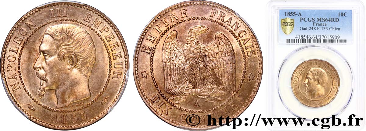 Dix centimes Napoléon III, tête nue 1855 Paris F.133/19 MS64 PCGS