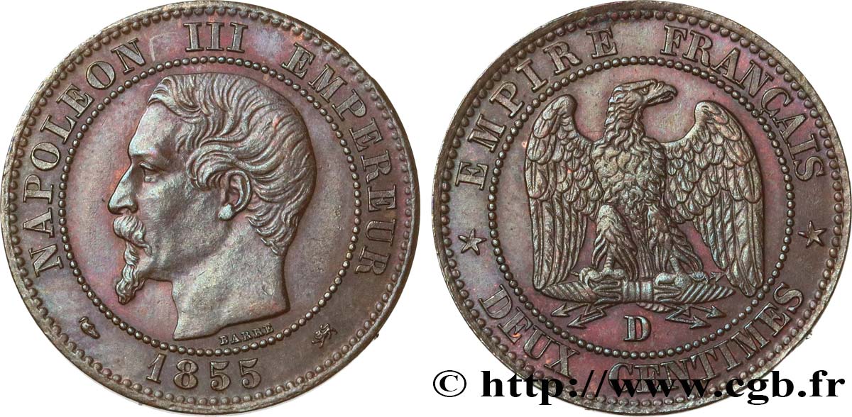 Deux centimes Napoléon III, tête nue, différent levrette, grand D et petit lion 1855 Lyon F.107/26 EBC55 
