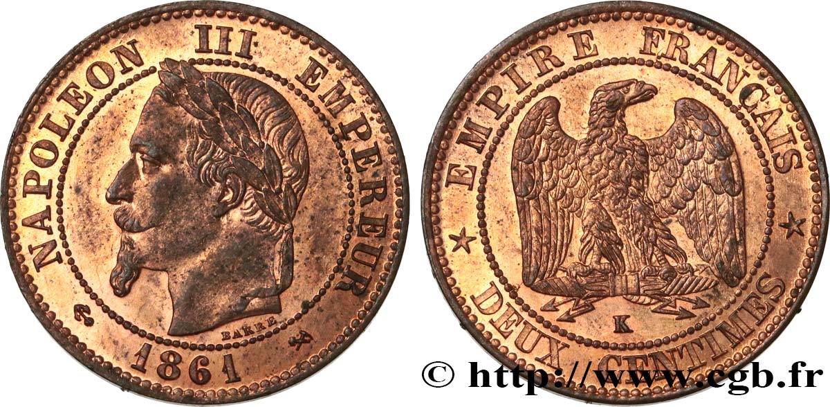 Deux centimes Napoléon III, tête laurée, buste définitif 1861 Bordeaux F.108A/3 SUP62 