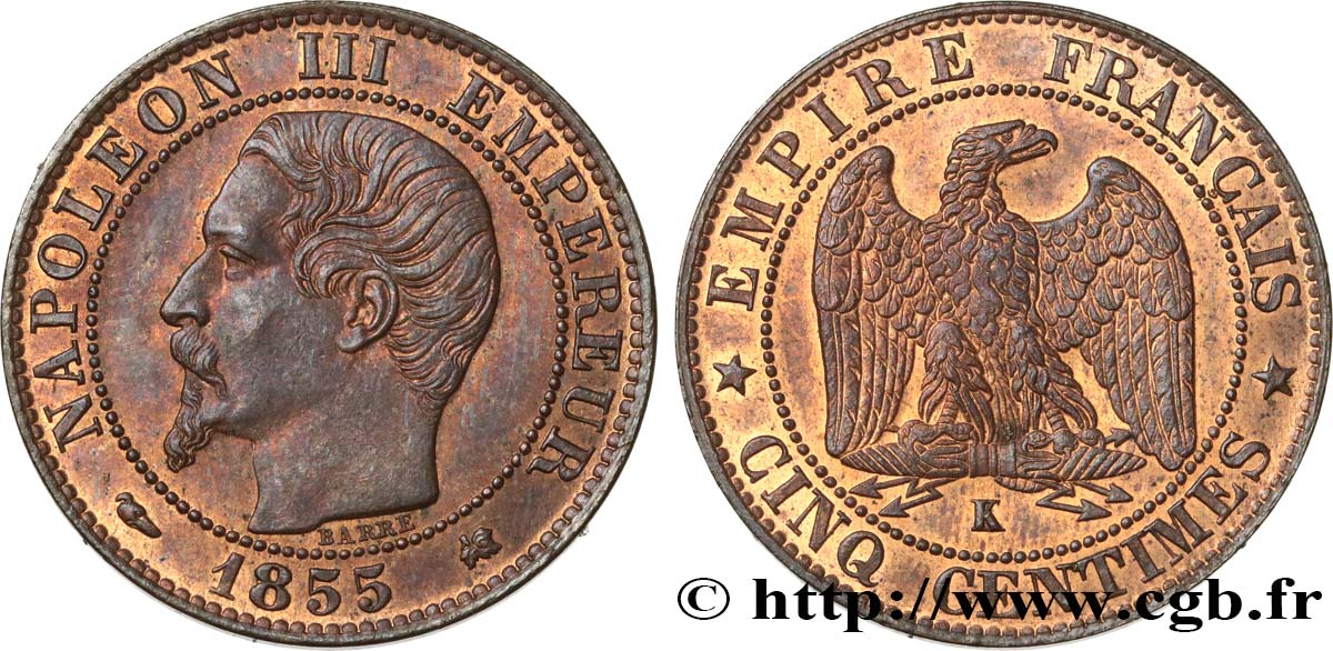 Cinq centimes Napoléon III, tête nue 1855 Bordeaux F.116/24 SUP62 
