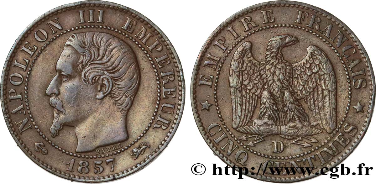 Cinq centimes Napoléon III, tête nue 1857 Lyon F.116/40 TB+ 