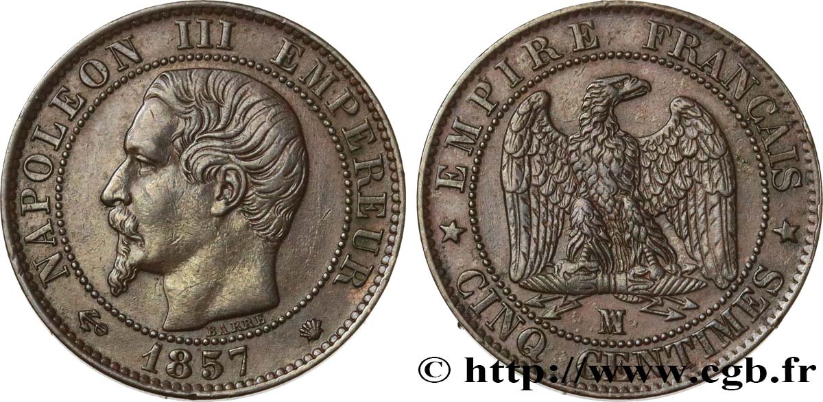 Cinq centimes Napoléon III, tête nue 1857 Marseille F.116/42 AU 