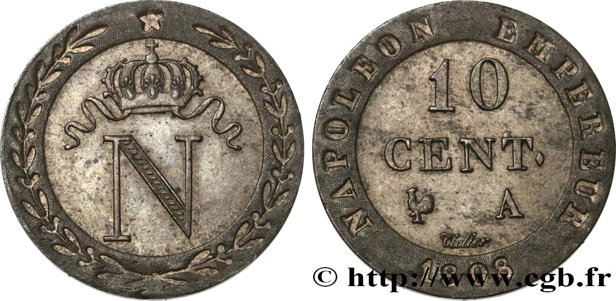 10 cent. à l N couronnée 1808 Paris F.130/2 MS63 