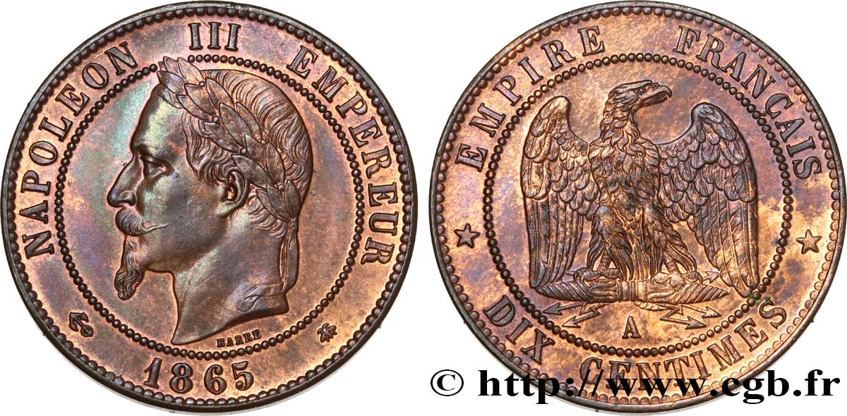 Dix centimes Napoléon III, tête laurée 1865 Paris F.134/16 MS60 