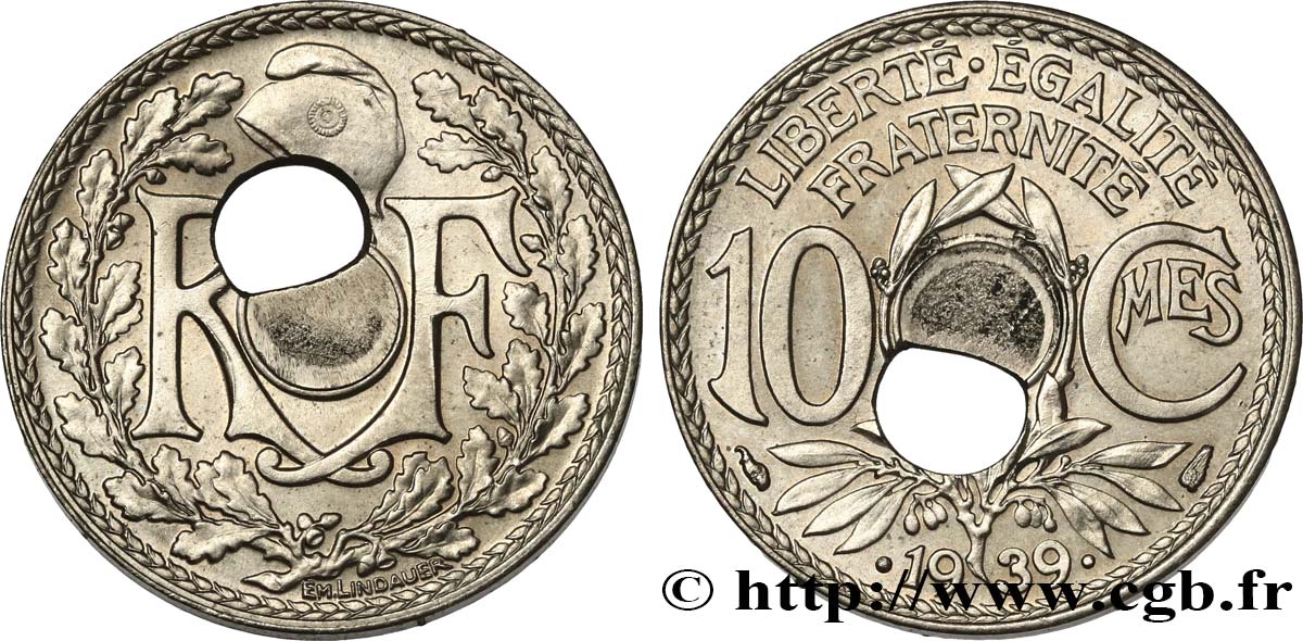10 centimes Lindauer, maillechort, trou décentré 1939  F.139/3 SPL63 