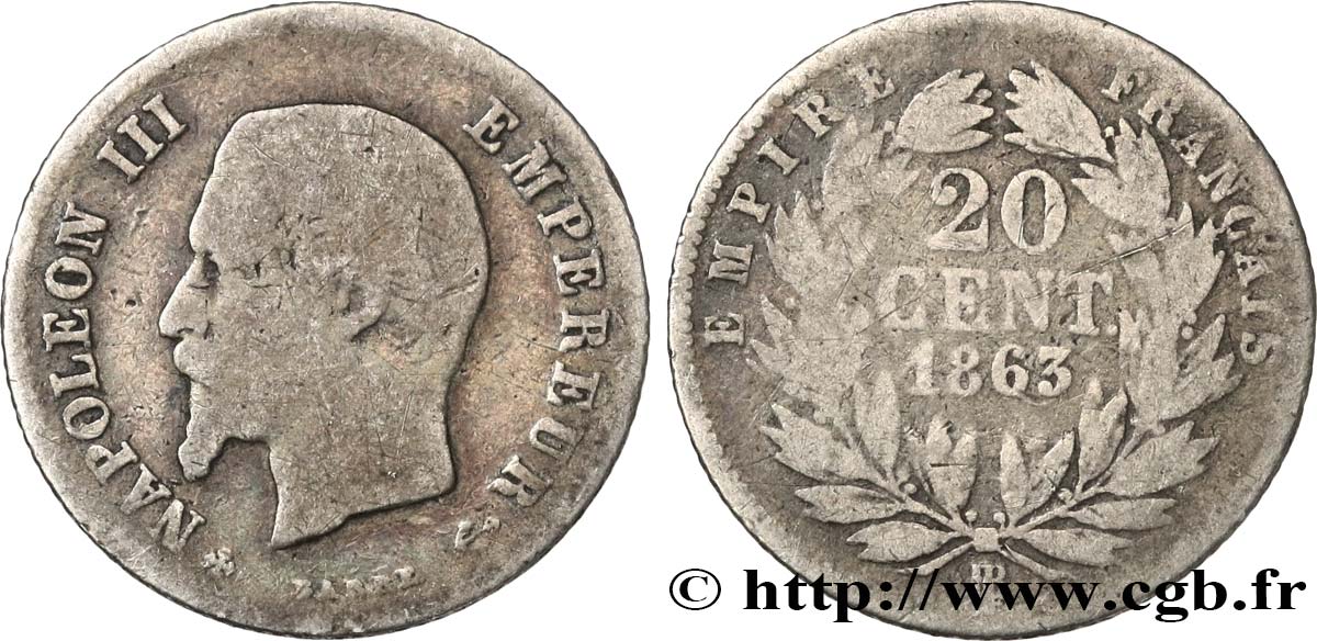 20 centimes Napoléon III, tête nue 1863 Strasbourg F.148/18 RC10 