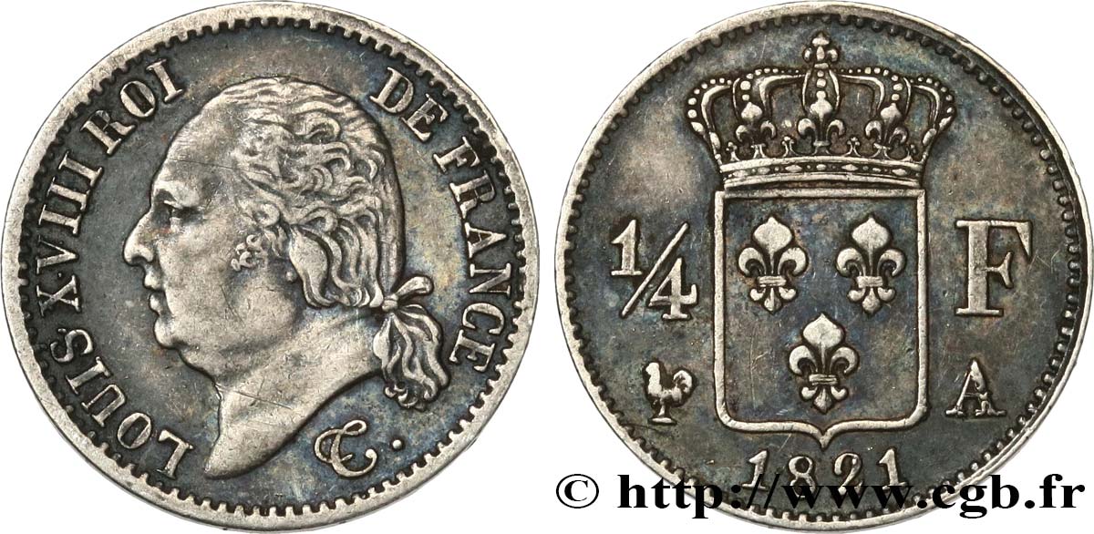 1/4 franc Louis XVIII 1821 Paris F.163/20 XF45 