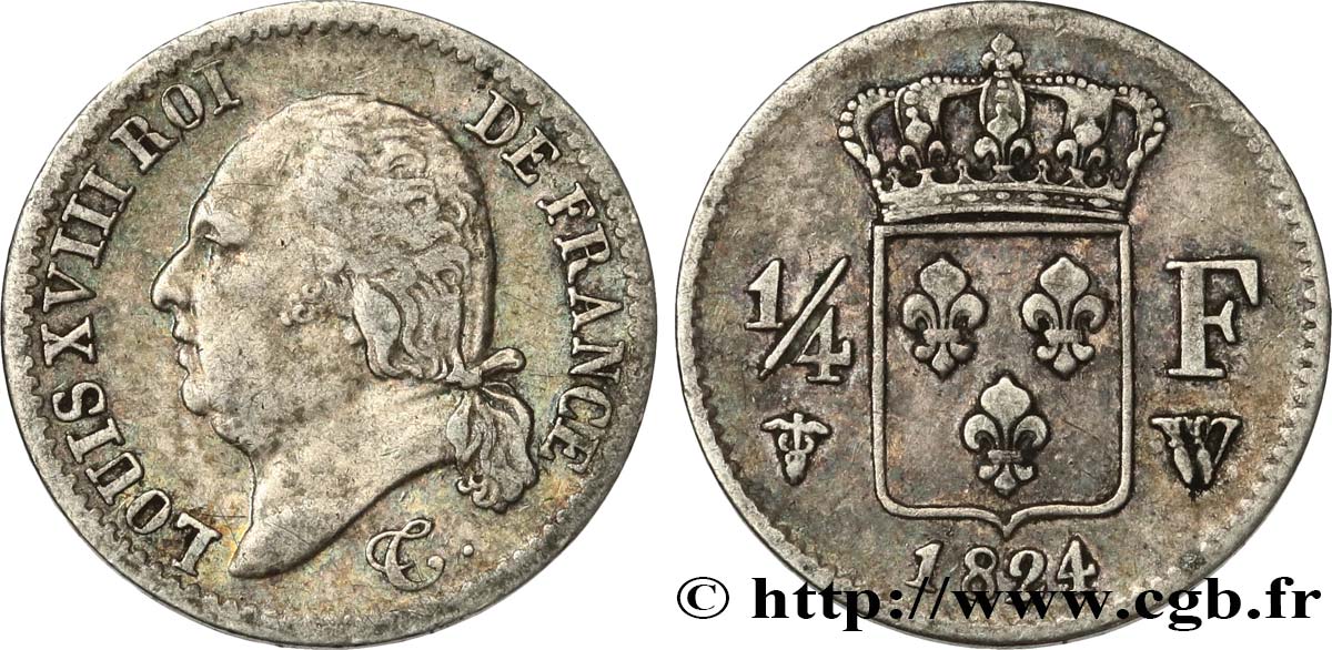 1/4 franc Louis XVIII 1824 Lille F.163/35 MB35 