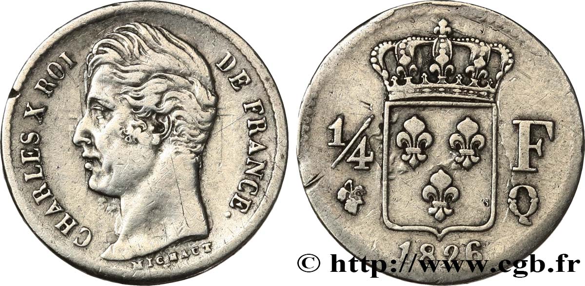 1/4 franc Charles X 1826 Perpignan F.164/7 VF 
