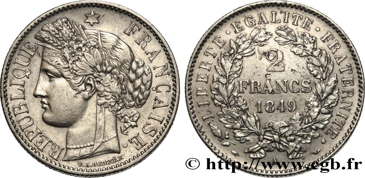 2 francs Cérès, IIe République 1849 Paris F.261/1 TTB 