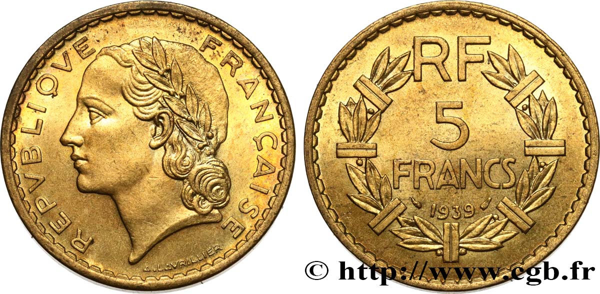5 francs Lavrillier, bronze-aluminium 1939  F.337/3 MS63 