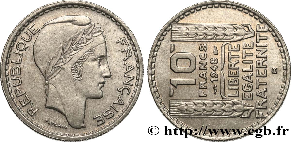 10 francs Turin, petite tête, Fautée Coins Tournés à 9h 1948 Beaumont-le-Roger F.362/4 SPL58 