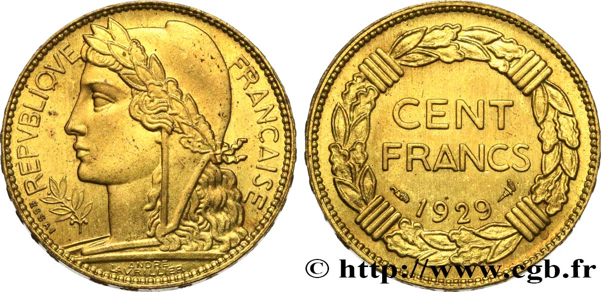 Concours de 100 francs or, essai de Lavrillier en bronze-aluminium 1929 Paris GEM.287 4 MS65 