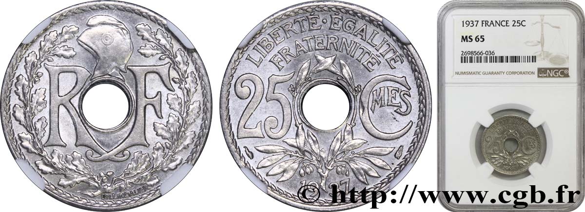 25 centimes Lindauer 1937  F.171/20 ST65 NGC