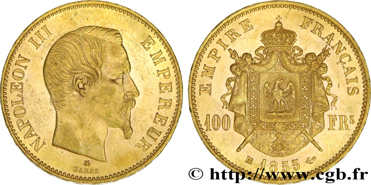 100 francs or Napoléon III, tête nue 1855 Strasbourg F.550/2 EBC55 