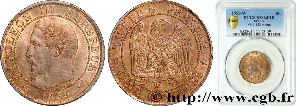 Cinq centimes Napoléon III, tête nue 1855 Lille F.116/29 fST64 PCGS