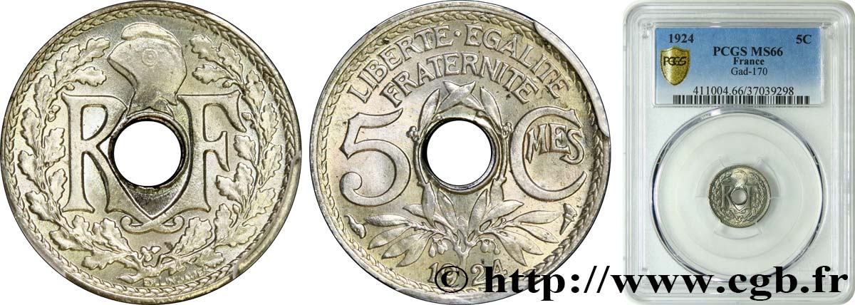 5 centimes Lindauer, petit module 1924 Paris F.122/8 FDC66 PCGS