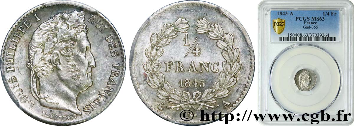 1/4 franc Louis-Philippe 1843 Paris F.166/93 MS63 PCGS