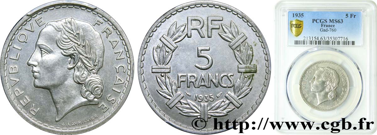 5 francs Lavrillier, nickel 1935  F.336/4 MS63 PCGS