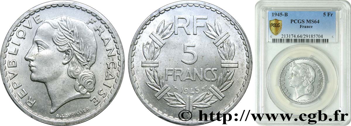 5 francs Lavrillier, aluminium 1945 Beaumont-Le-Roger F.339/4 fST64 PCGS