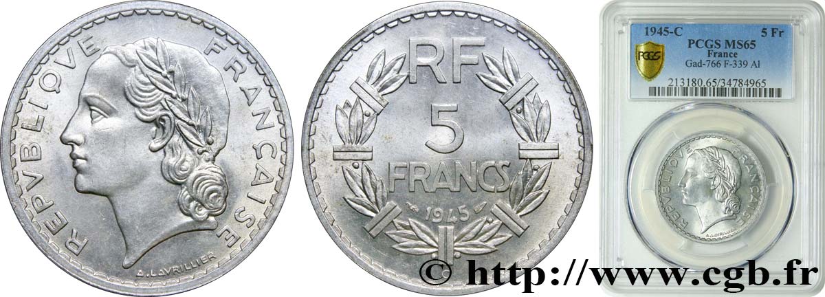 5 francs Lavrillier, aluminium 1945 Castelsarrasin F.339/5 ST65 PCGS