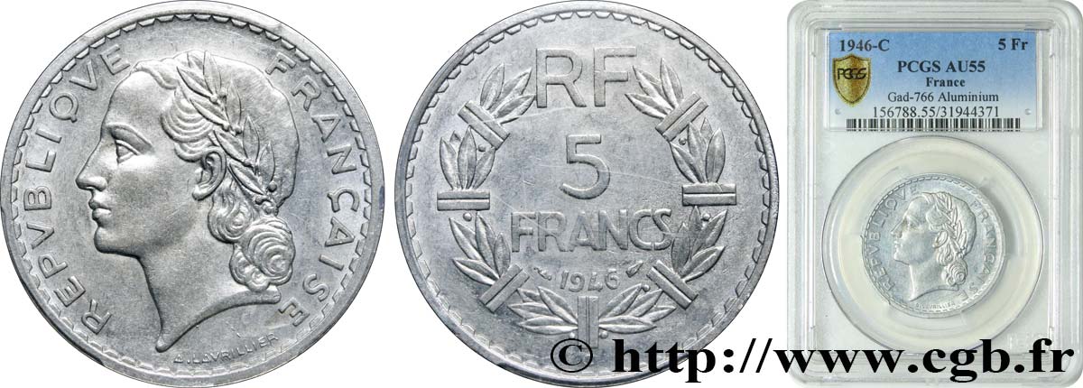 5 francs Lavrillier, aluminium 1946 Castelsarrasin F.339/8 AU55 PCGS