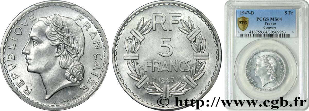 5 francs Lavrillier, aluminium 1947 Beaumont-Le-Roger F.339/11 MS64 PCGS