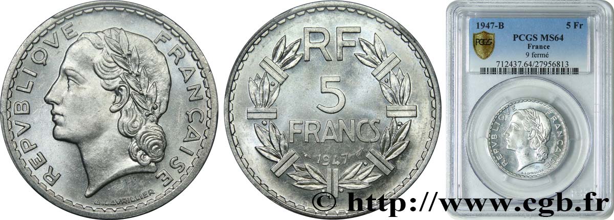 5 francs Lavrillier, aluminium 1947 Beaumont-Le-Roger F.339/12 SC64 PCGS