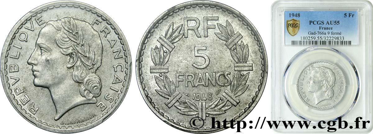 5 francs Lavrillier, aluminium, 9 fermé 1948  F.339/14 EBC55 PCGS